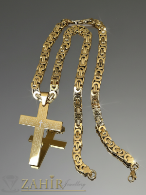 Най-харесвания модел стоманен ланец 60 см, хит плетка, широк 0,8 см с висулка позлатен стоманен кръст с молитва 6 на 4 см, златно покритие - ML1862